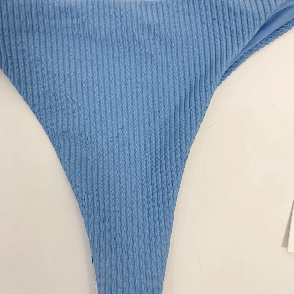 Frankie’s Bikinis Blue Sky Ribbed Side Tie Bottoms Sz L